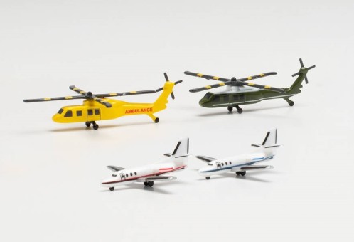 Set Ambulance & US Presidential Helicopter. Red and Blue Business Jets. Set of 4 by Herpa 535939 scale 1:500