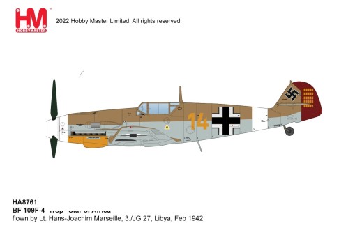 Germany BF-109F-4 Lt. Hans-Joachim Marseille 'Star of Africa' 3.-JG 27 Libya Feb 1942 Die-Cast Model Hobby Master HA8761 Scale 1:48