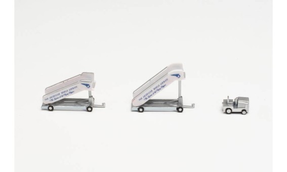 Pan American World Airways historic airlines passenger stairs(2) set of two with tow truck(1) Herpa Wings accessories 571906 scale 1:200