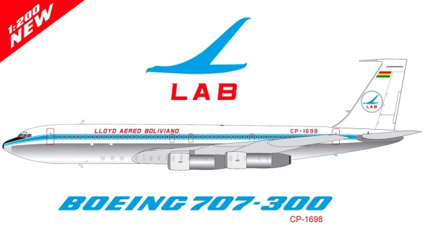 Lloyd Aero Boliviano Boeing 707-300 polished CP-1698 with stand El AviadorInFlight die-cast EAV1698 scale 1:200