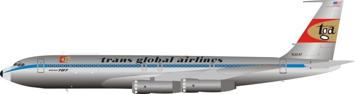 TGA Boeing 707-300 N324F Polished With Stand InFlight B-707-TGA01P Scale 1:200