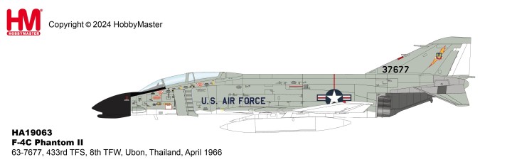 McDonnell Douglas F-4C Phantom II Diecast Model USAF 8th TFW, 433rd TFS, #63-7677, Ubon RTAFB, Thailand, April 1966 Hobby Master 1:72 Air Power Series HA19063 