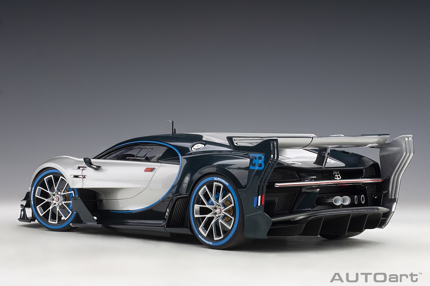 Silver-Blue Bugatti Vision Gran Turismo Argent Silver/Blue Carbon Black  AUTOart 70987 scale 1:18 ezToys - Diecast Models and Collectibles