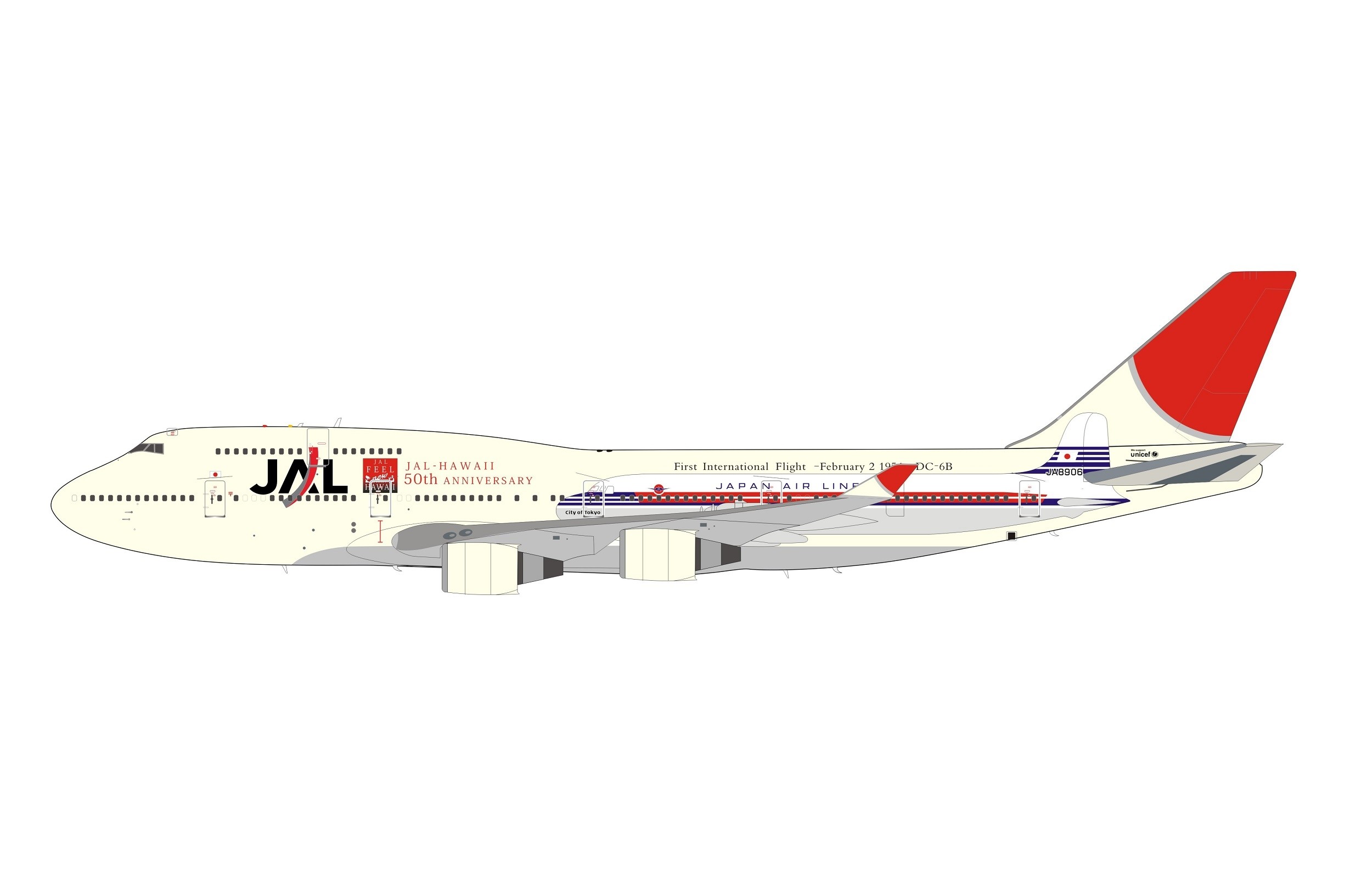 JAL 50 Years International Japan Airlines Boeing 747-400 JA8906 With Stand  by WB-InFlight B-JAL-744-DC6 Scale 1:200