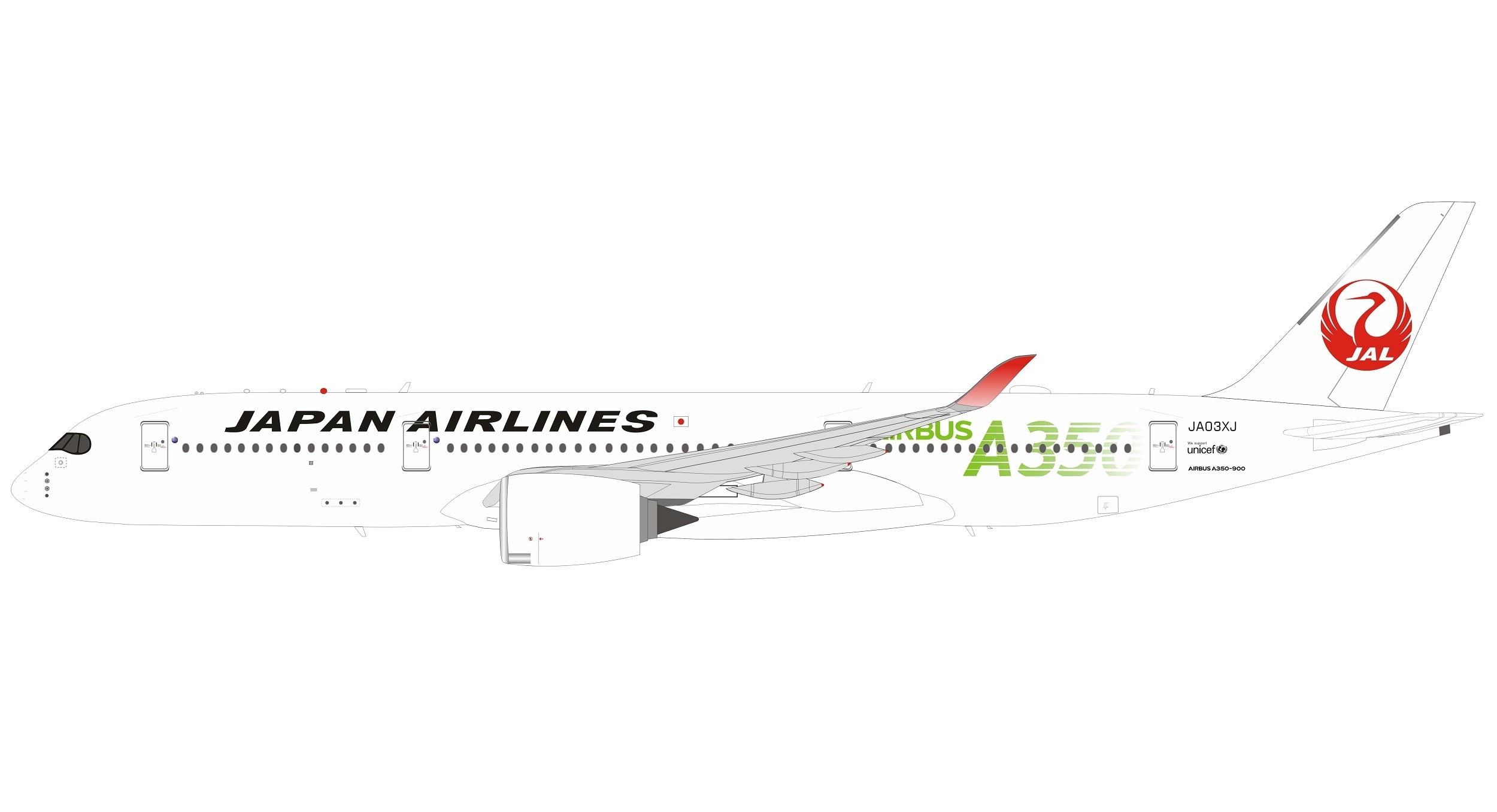 JAL Japan Airlines Airbus A350-900 JA03XJ Green logo with stand  InFlight/B-Models B-350-JA-03 scale 1:200