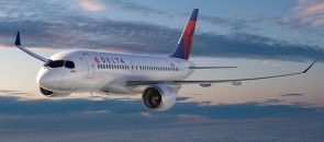 Delta Airlines CS100 Bombardier With Stand Skymarks SKR914 Scale 1:100